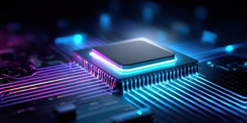 Futuristic Microchip: Neon Circuitry on Motherboard | 32K Detail