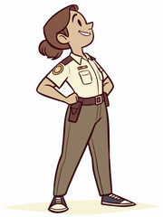 Happy female police with gun on white background