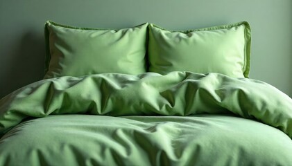 Soft moss green duvet cover, plush pillows, subtle pattern, serene, minimalist