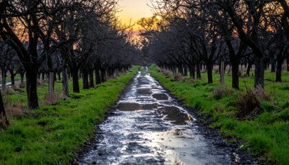 Obraz premium Tranquil Path Through an Orchard with Reflections at Sunset