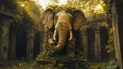 Ancient Elephant Statue Engulfed by Ruins