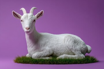 Obraz premium White goat resting on a patch of grass.