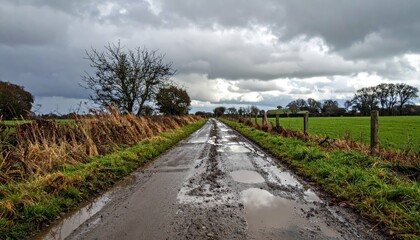 Serene Country Road with Puddles Under Dramatic Cloudy Sky