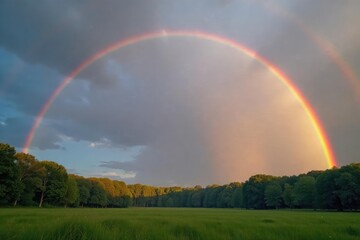 Fototapeta premium Vibrant rainbow arch after summer rain shower , post-rain, colorful nature