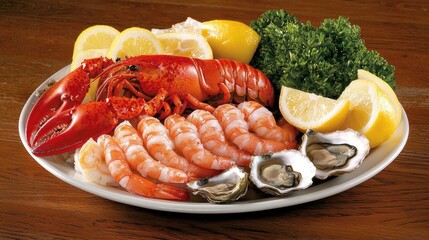 Rustic seafood platter with lemon wedges, lobster, shrimp, and oysters on a wooden table
