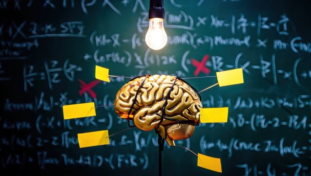 Golden brain under illuminated light bulb with sticky notes and mathematical equations on chalkboard, concept of intelligence, creative thinking, problem-solving, innovation, and knowledge