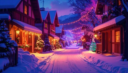 Fototapeta premium Cozy Winter Village with Snow and Colorful Holiday Lights at Night