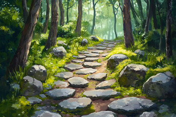 Stone path through a sunlit forest magical journey nature walk serene woodscape