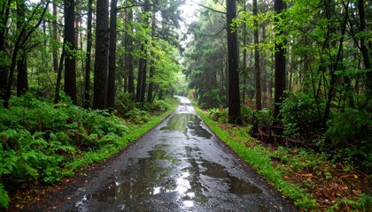 Obraz premium Serene Forest Pathway Surrounded by Lush Green Trees and Plants