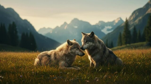 Wolf couple in scenic mountain meadow. Pair of grey wolves showing tender love and bonding in wilderness landscape. Concept of love and romance in wildlife . International Wolf Day August 13.
