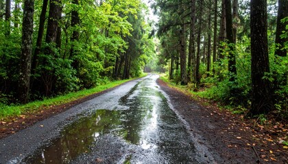 Fototapeta premium Serene Rainy Pathway Through Lush Green Forest Landscape