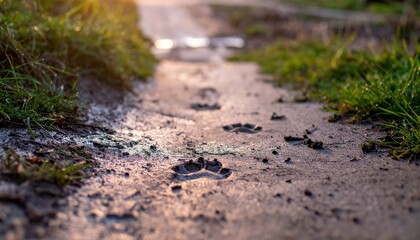 Fototapeta premium Animal Footprints on Wet Path in Nature During Sunset Lighting