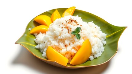 Mango Sticky Rice on a Banana Leaf Plate