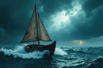 A weathered sailboat braves a tempestuous ocean, battling powerful waves and a dramatic stormy sky during a perilous journey.