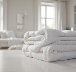 Neatly rolled white bath towels on a white table, blurred living room backdrop ,  white,  fresh,  wellness