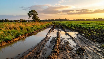 Serene Landscape of Muddy Tracks and Reflections During Sunset
