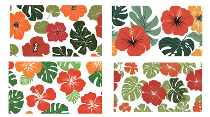 Bold exotic seamless pattern with tropical hibiscus flowers and monstera leaves, vibrant jungle-inspired vector design featuring vivid colors, botanical elegance, and island summer atmosphere 