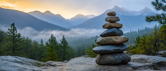 Balanced rock cairn amidst misty mountain majesty