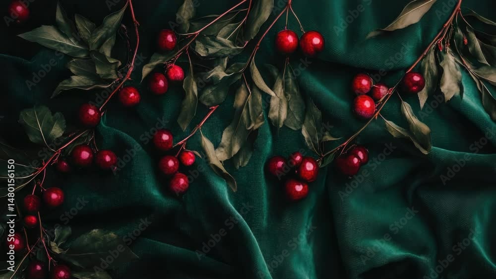 Poster a bunch of vibrant red berries sits on a lush green cloth, ready for display or use