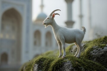 Fototapeta premium White goat atop mossy rock, backdrop of ancient structures.