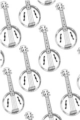 Naklejka premium Hand drawing black and white banjo guitar pattern on white background