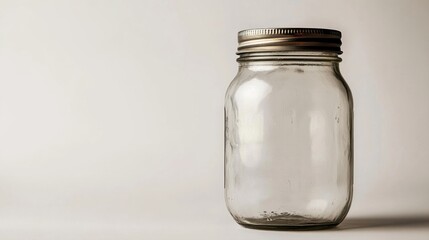 Transparent glass jar with metallic lid on neutral background for storage, decoration, or preservation purposes