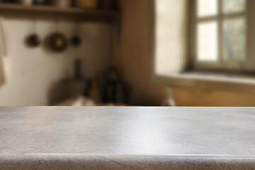 Empty wooden kitchen counter mockup, product display background. Wood table top on marble, blurred interior. Modern style home kitchen, restaurant advertising. Copy space