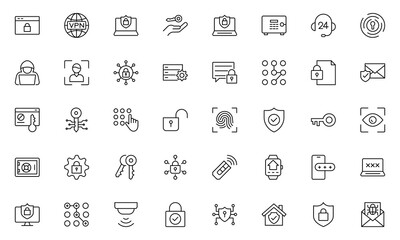 Security line icons set. Guard, cyber security, password, smart home, safety, data protection, key, shield, lock, unlock, eye access. Vector illustration.