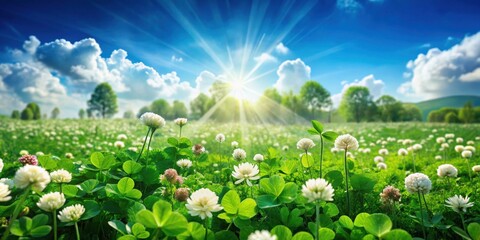Emerald fields with lush green clovers and vibrant wildflowers under a bright blue sky on St Patrick's Day