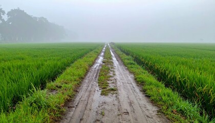 Fototapeta premium Serene Misty Path Through Lush Green Rice Field in Early Morning