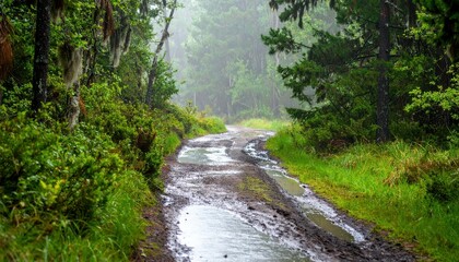 Fototapeta premium Serene Forest Path in Misty Rain with Lush Green Surroundings
