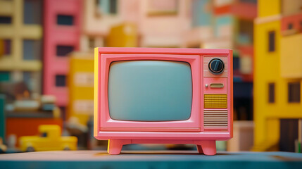 Retro pink TV, toy-inspired, product photography, detailed, urban background, miniature style