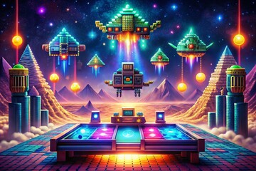 Obraz premium Retro Pixel Art Arcade Fighter Game Level: 8-bit Surreal Scenery
