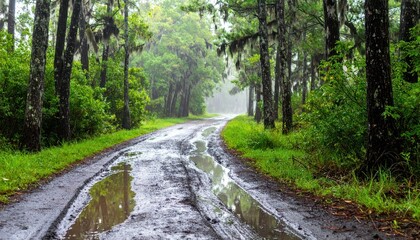 Fototapeta premium Serene Misty Pathway Through Lush Green Forest Landscape