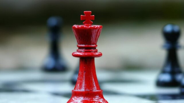 A striking red king chess piece stands in focus on a chessboard, symbolizing strategy and intellect in the game of chess.