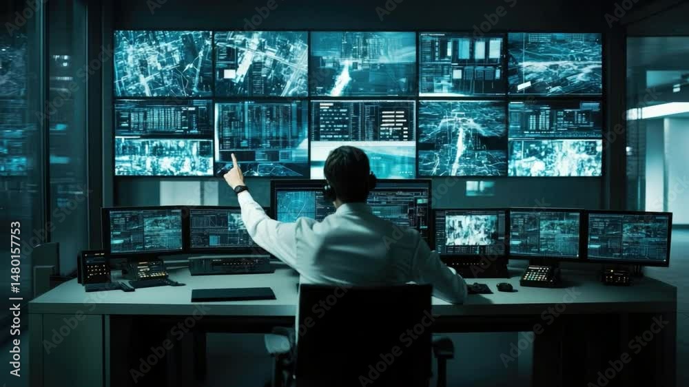 Poster data analyst working in a high-tech control room with multiple monitors displaying analytics and dig