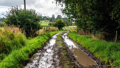 Obraz premium Muddy Pathway in Countryside Surrounded by Lush Greenery and Trees