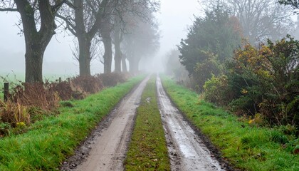 Fototapeta premium Tranquil Foggy Country Road Surrounded by Trees and Greenery