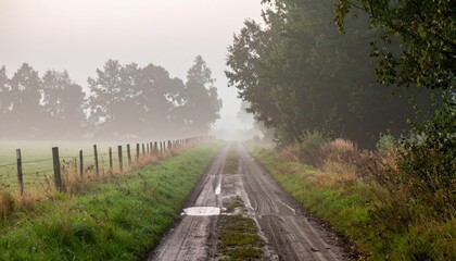 Misty Morning Road Through Countryside Landscape with Trees