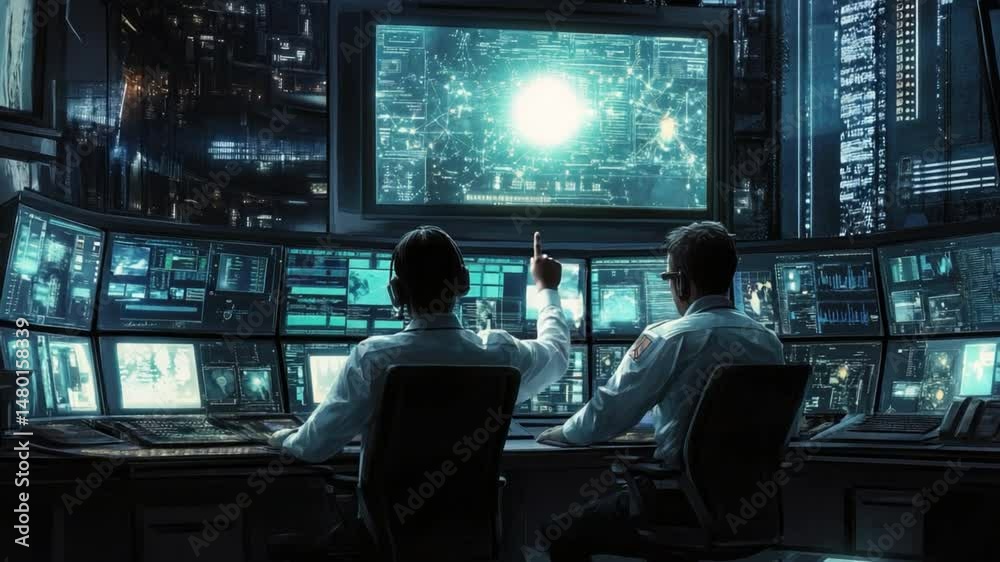 Aufkleber futuristic control room with operators analyzing data on multiple screens in a high-tech environment