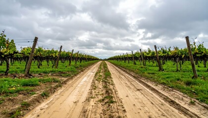 Obraz premium Scenic Vineyard Pathway Under Cloudy Sky with Lush Green Grapevines