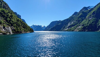 Obraz premium Serene Fjord Landscape with Clear Blue Waters and Mountain Reflections