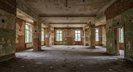 Fototapeta premium Abandoned Building Interior with Peeling Paint and Brick Columns | Empty Derelict Room with Windows and Natural Light for Urban Exploration, Decay Photography, and Spooky Backgrounds