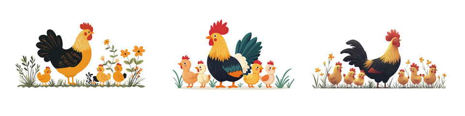 Fototapeta premium Illustrated collection of chickens and chicks in flowers, transparent background.