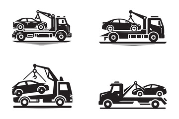 Set of tow truck pulls a car silhouette on white background. Tow truck vector