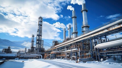 Obraz premium Industrial Complex with Chimneys Emitting Smoke in a Snowy Landscape