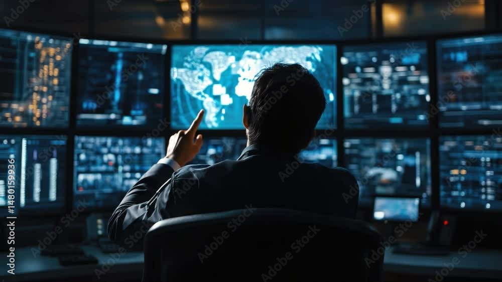 Poster individual observing data visualization on multiple screens in dark control room for analysis and in