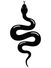 Simple vector illustration of a snake in a coiled posture, featuring a smooth, minimal black silhouette with subtle curves and white highlights, ideal for icons or tattoos.