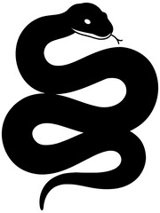 Simple vector illustration of a snake in a coiled posture, featuring a smooth, minimal black silhouette with subtle curves and white highlights, ideal for icons or tattoos.