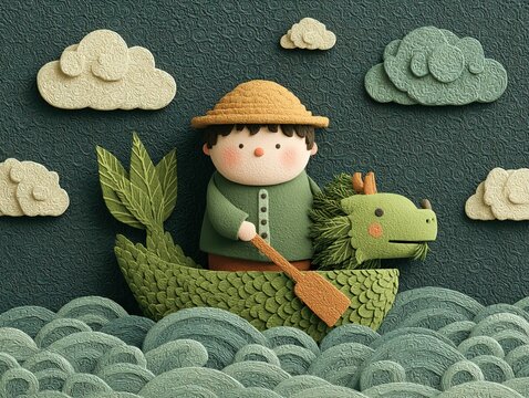 Cute Boy Rowing Leaf Boat with Dragon Head, Cartoon Clouds and Anime Aesthetics for Dragon Boat Festival, 32K Ultra HD Front View
